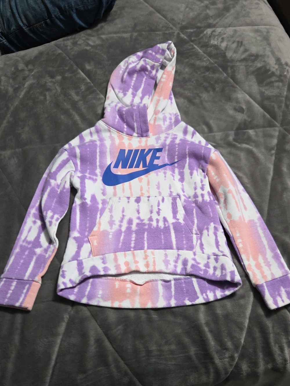 Nike Kids Purple and Pink Tie-Dye Hoodie with Blue Logo